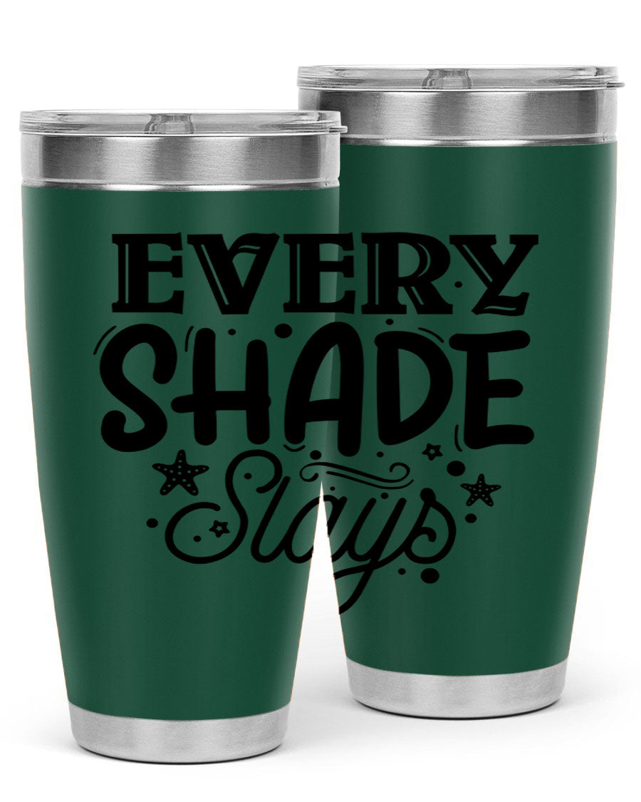 Every Shade Slays Style 38# Tumbler in vibrant colors, showcasing its double wall vacuum stainless steel design and drink-thru lid.