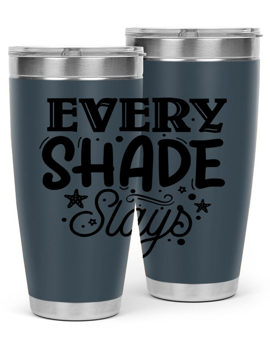 Every Shade Slays Style 38# Tumbler in vibrant colors, showcasing its double wall vacuum stainless steel design and drink-thru lid.