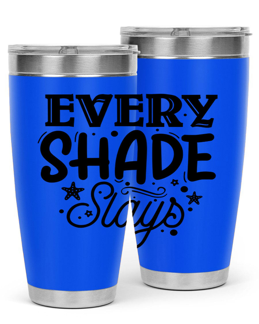 Every Shade Slays Style 38# Tumbler in vibrant colors, showcasing its double wall vacuum stainless steel design and drink-thru lid.