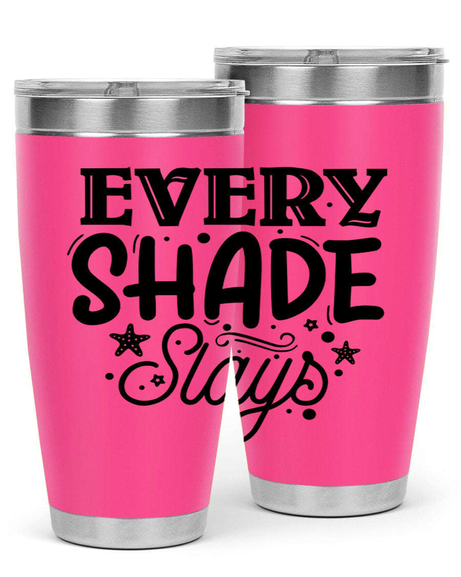 Every Shade Slays Style 38# Tumbler in vibrant colors, showcasing its double wall vacuum stainless steel design and drink-thru lid.