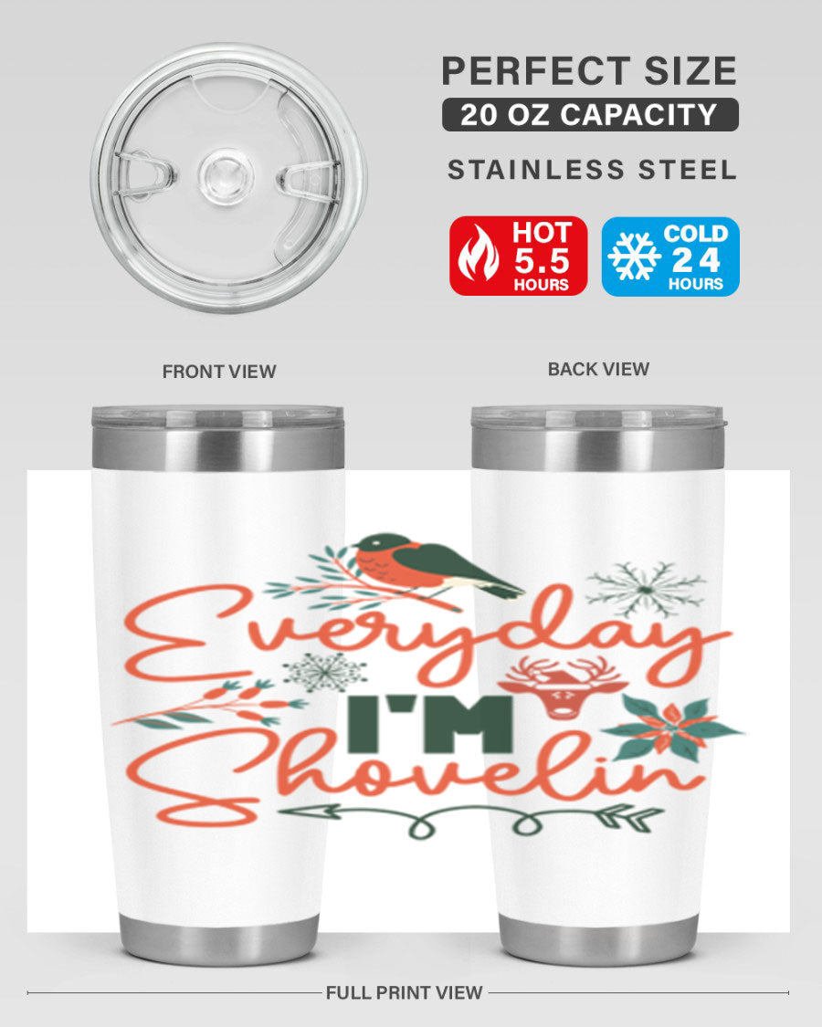 Everyday Im Shovelin 103# winter tumbler in stainless steel with a drink-thru lid, showcasing its sleek design and vibrant print.