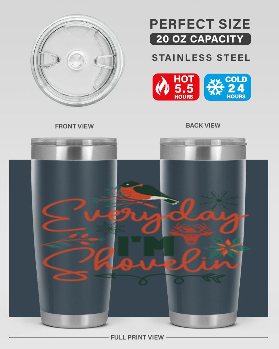 Everyday Im Shovelin 103# winter tumbler in stainless steel with a drink-thru lid, showcasing its sleek design and vibrant print.