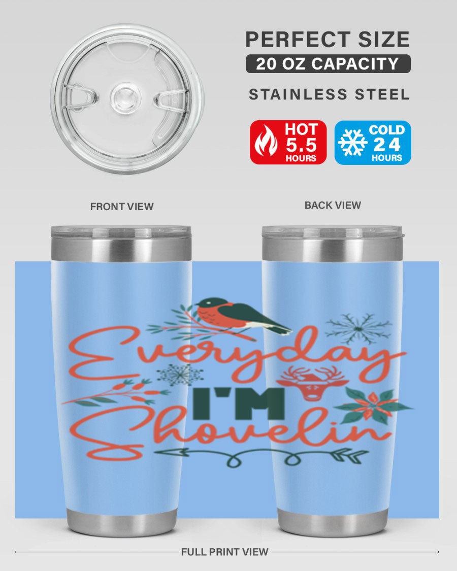 Everyday Im Shovelin 103# winter tumbler in stainless steel with a drink-thru lid, showcasing its sleek design and vibrant print.