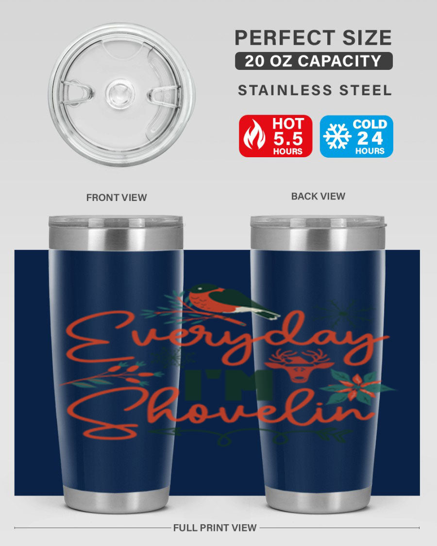 Everyday Im Shovelin 103# winter tumbler in stainless steel with a drink-thru lid, showcasing its sleek design and vibrant print.