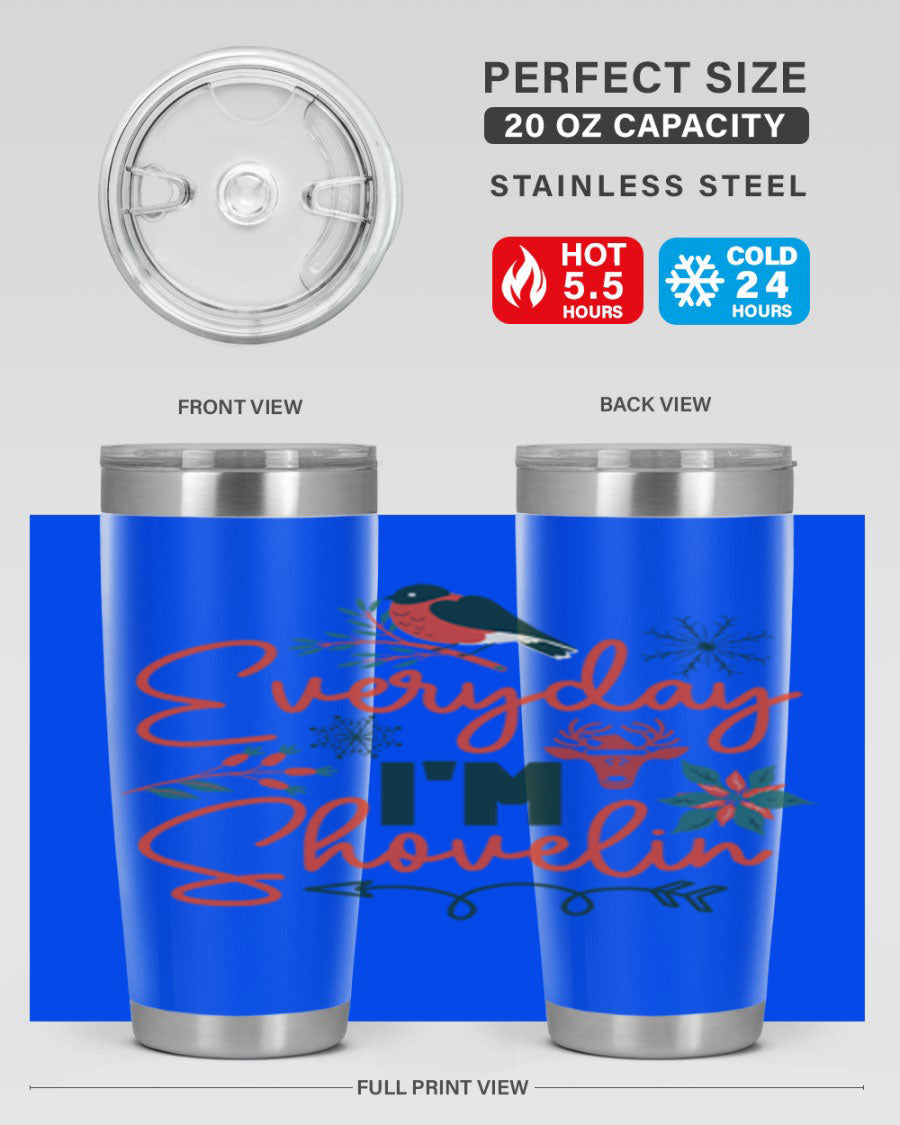 Everyday Im Shovelin 103# winter tumbler in stainless steel with a drink-thru lid, showcasing its sleek design and vibrant print.
