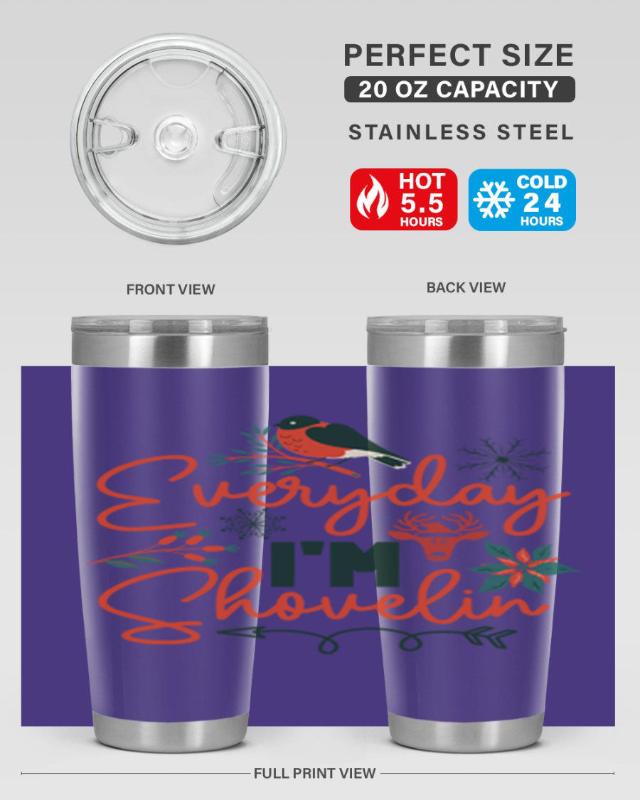 Everyday Im Shovelin 103# winter tumbler in stainless steel with a drink-thru lid, showcasing its sleek design and vibrant print.