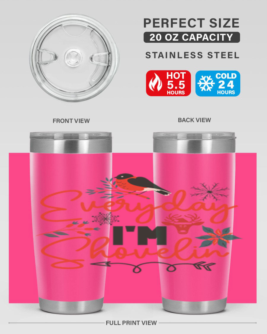 Everyday Im Shovelin 103# winter tumbler in stainless steel with a drink-thru lid, showcasing its sleek design and vibrant print.