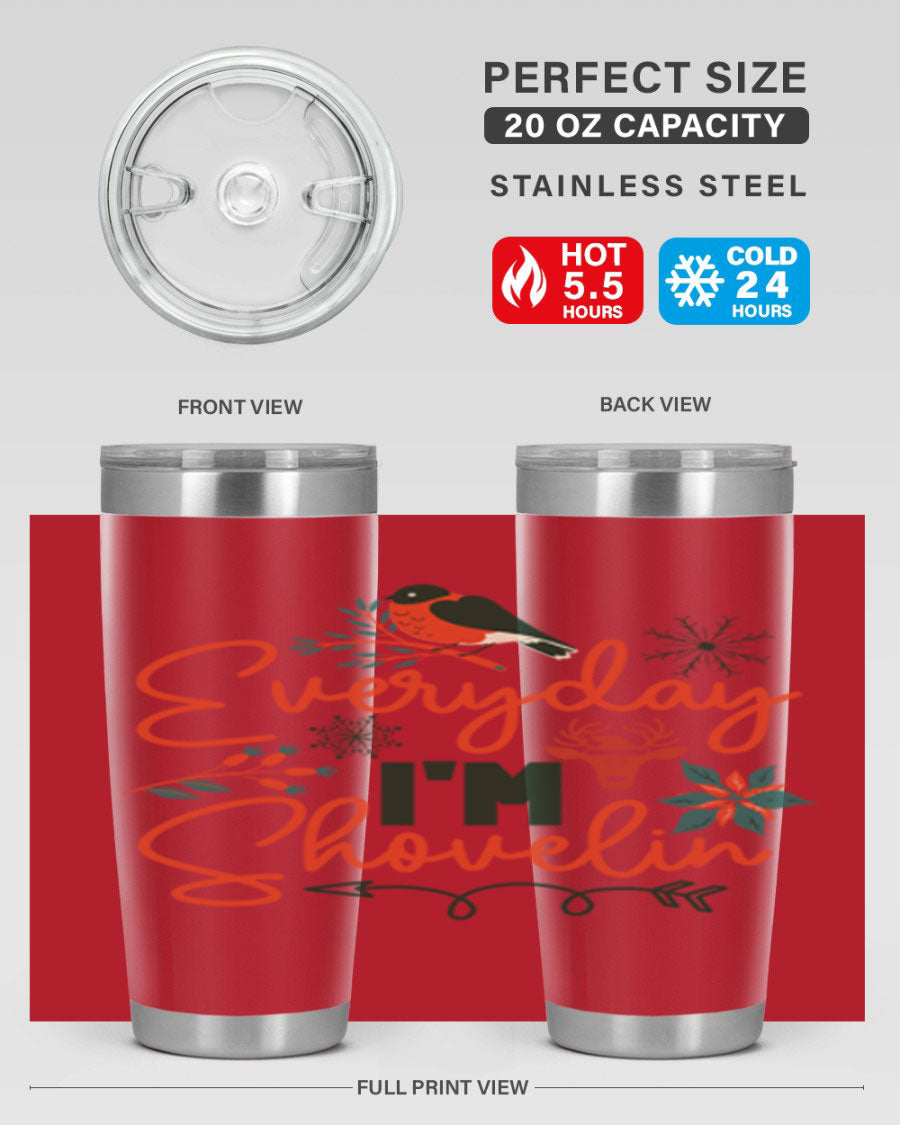 Everyday Im Shovelin 103# winter tumbler in stainless steel with a drink-thru lid, showcasing its sleek design and vibrant print.
