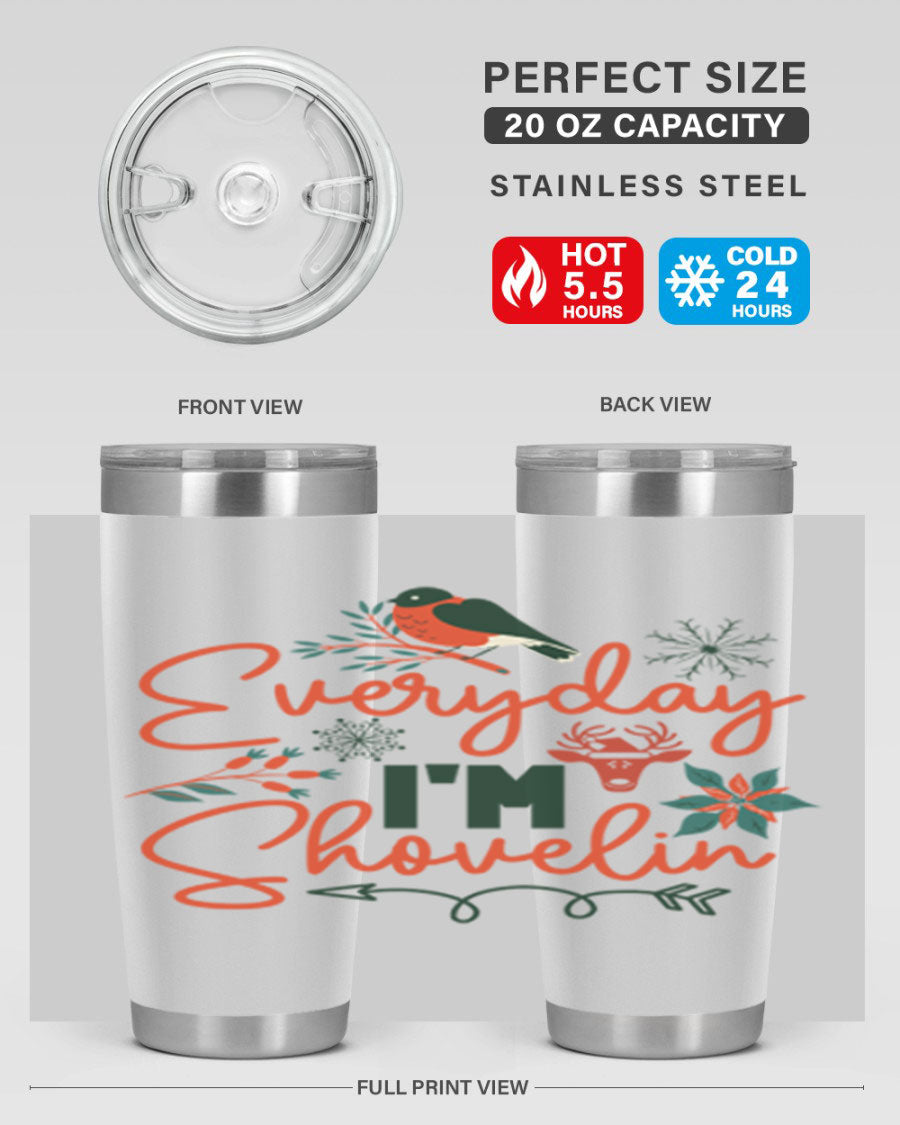 Everyday Im Shovelin 103# winter tumbler in stainless steel with a drink-thru lid, showcasing its sleek design and vibrant print.