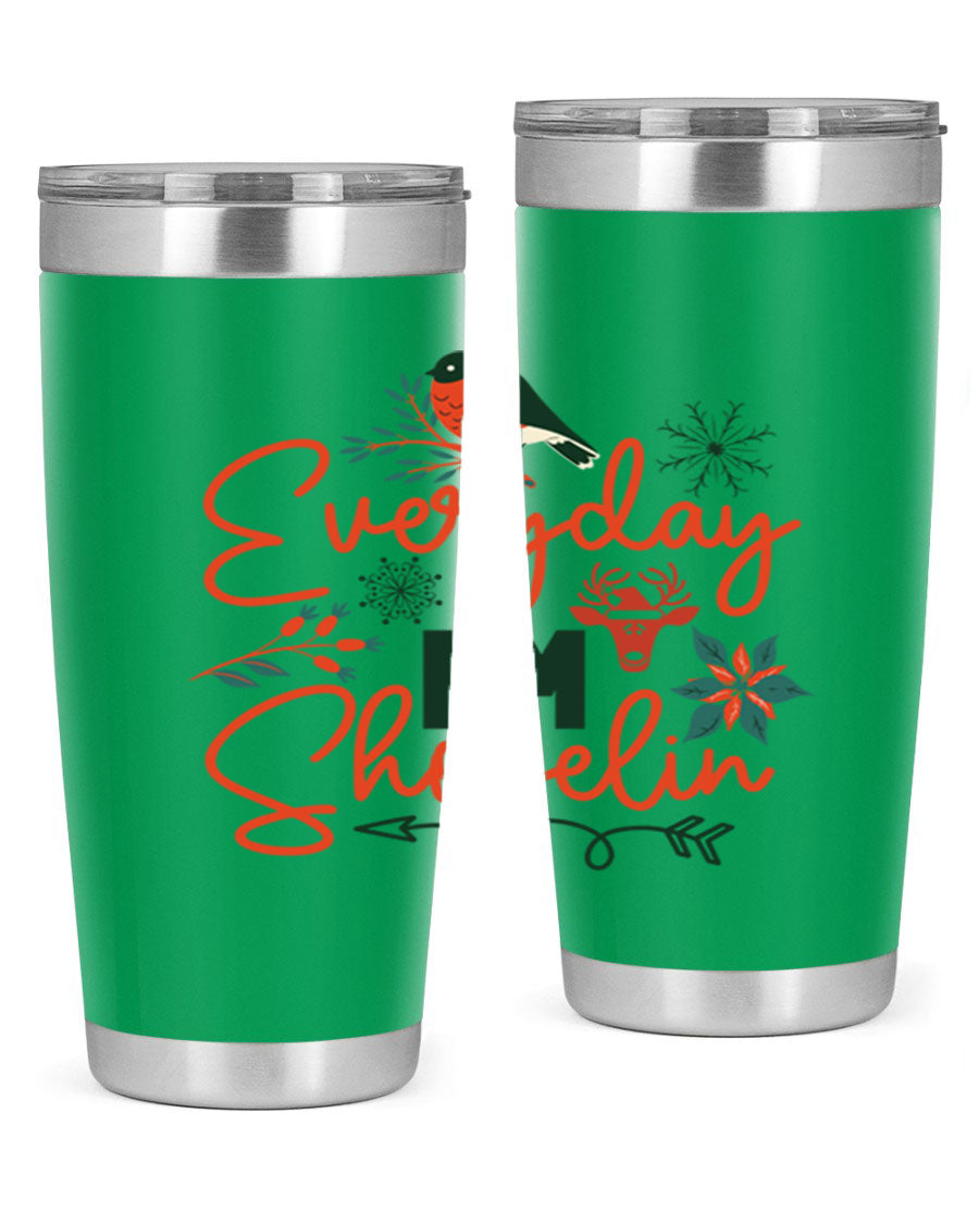 Everyday Im Shovelin 103# winter tumbler in stainless steel with a drink-thru lid, showcasing its sleek design and vibrant print.