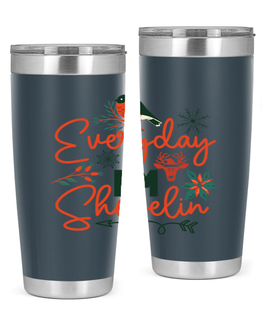 Everyday Im Shovelin 103# winter tumbler in stainless steel with a drink-thru lid, showcasing its sleek design and vibrant print.