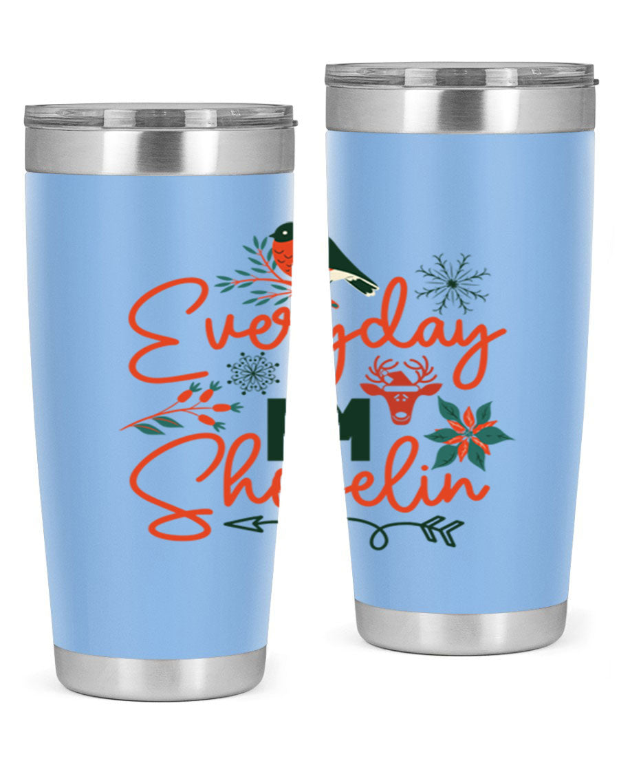 Everyday Im Shovelin 103# winter tumbler in stainless steel with a drink-thru lid, showcasing its sleek design and vibrant print.