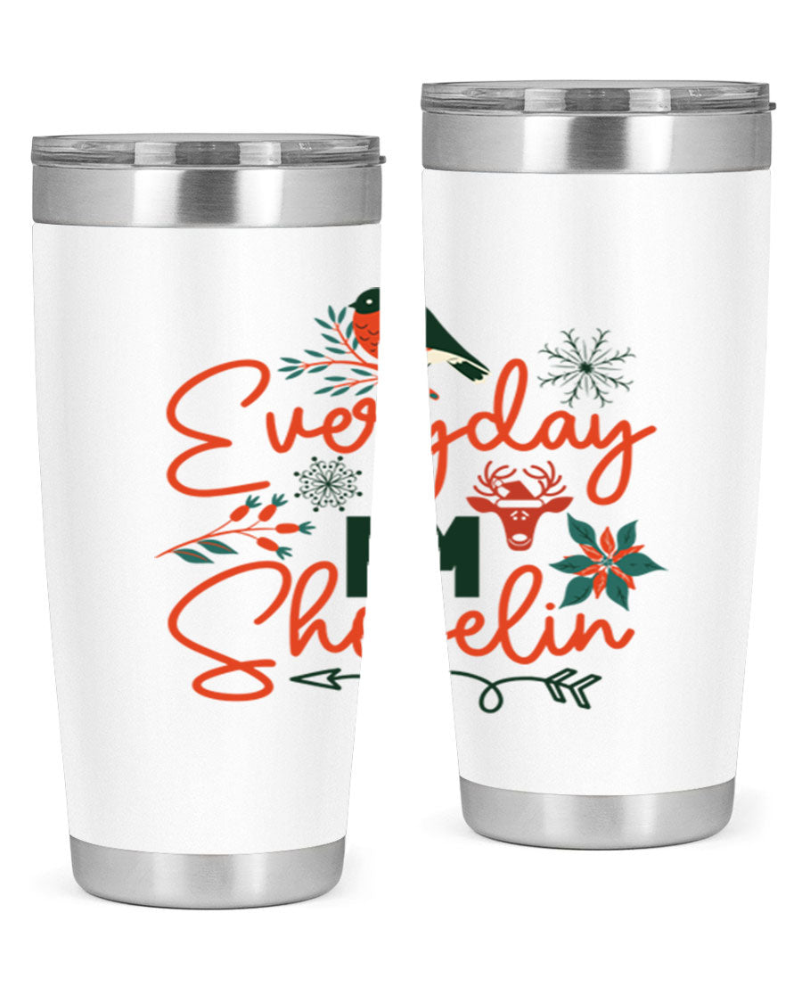 Everyday Im Shovelin 103# winter tumbler in stainless steel with a drink-thru lid, showcasing its sleek design and vibrant print.