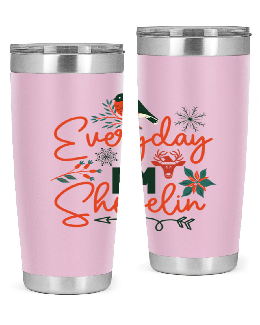 Everyday Im Shovelin 103# winter tumbler in stainless steel with a drink-thru lid, showcasing its sleek design and vibrant print.