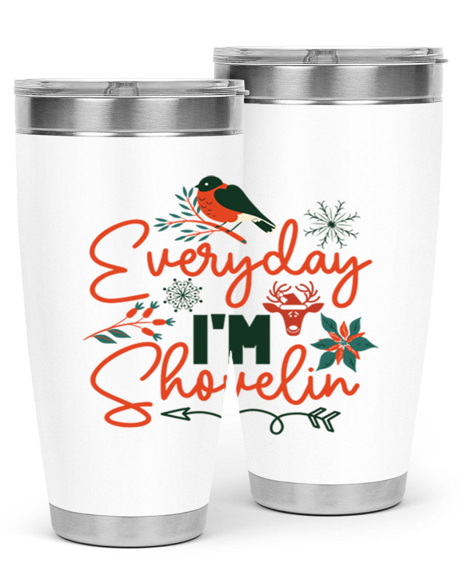 Everyday Im Shovelin 103# winter tumbler in stainless steel with a drink-thru lid, showcasing its sleek design and vibrant print.