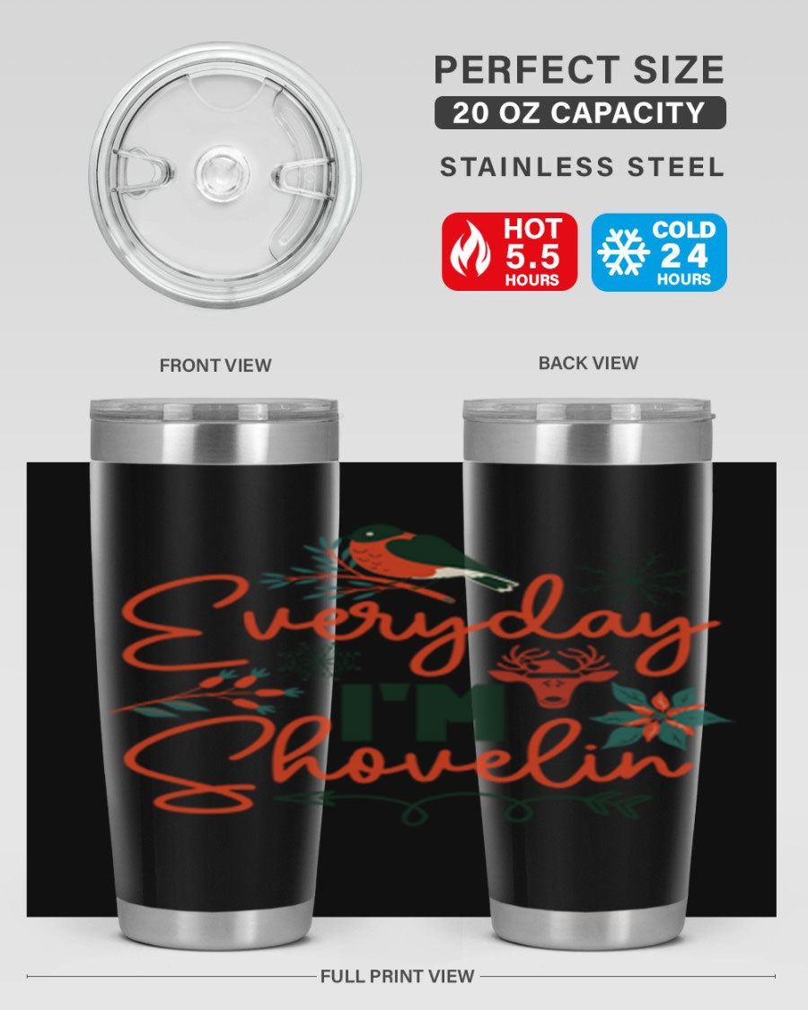 Everyday Im Shovelin 103# winter tumbler in stainless steel with a drink-thru lid, showcasing its sleek design and vibrant print.