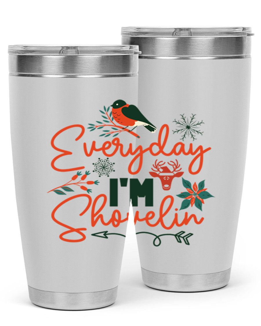 Everyday Im Shovelin 103# winter tumbler in stainless steel with a drink-thru lid, showcasing its sleek design and vibrant print.