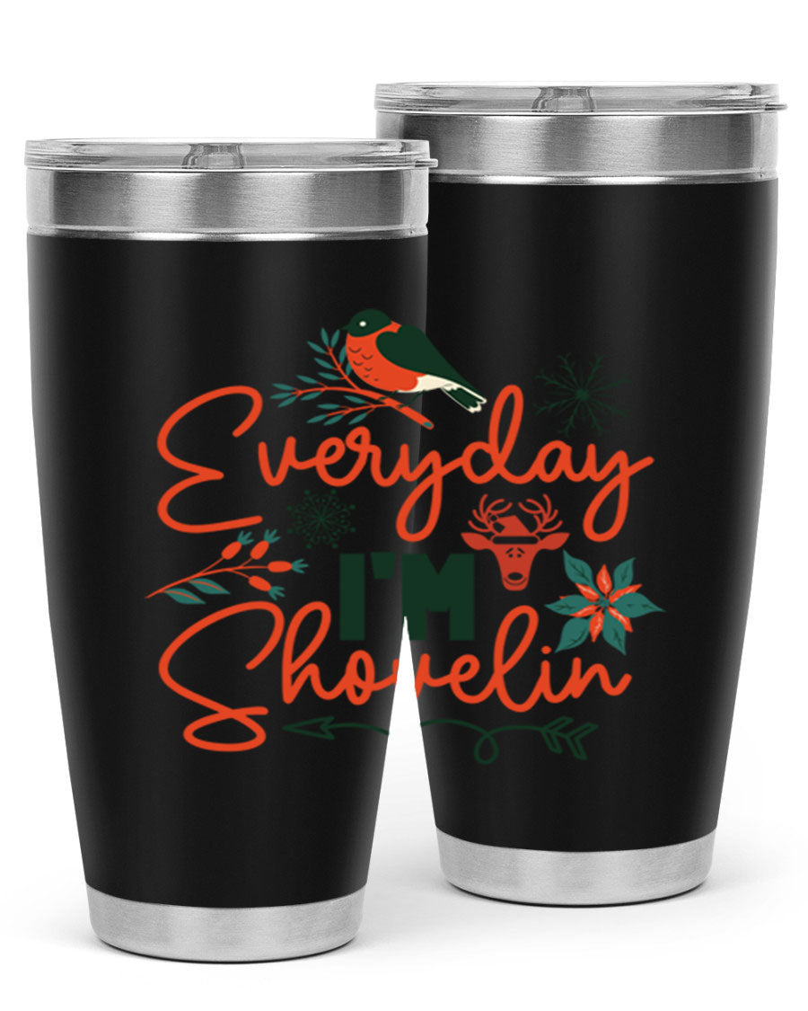 Everyday Im Shovelin 103# winter tumbler in stainless steel with a drink-thru lid, showcasing its sleek design and vibrant print.
