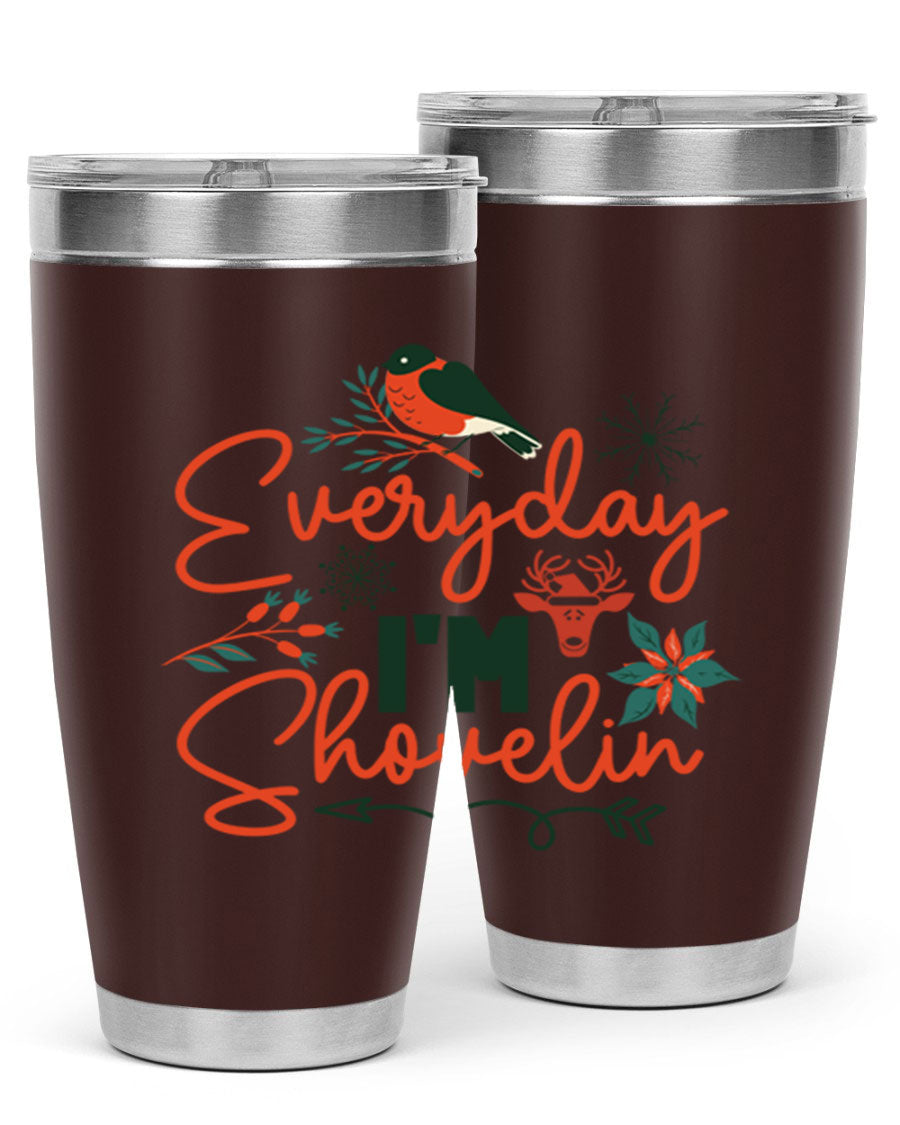 Everyday Im Shovelin 103# winter tumbler in stainless steel with a drink-thru lid, showcasing its sleek design and vibrant print.
