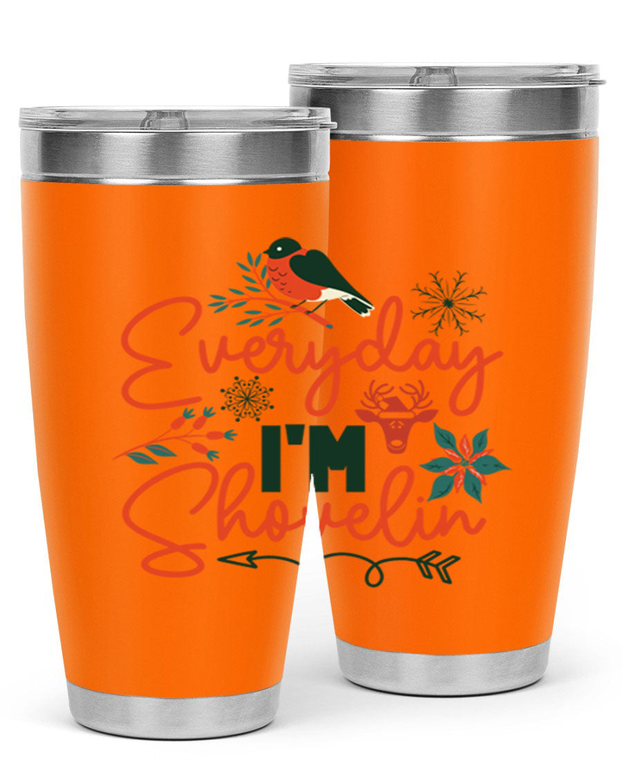 Everyday Im Shovelin 103# winter tumbler in stainless steel with a drink-thru lid, showcasing its sleek design and vibrant print.