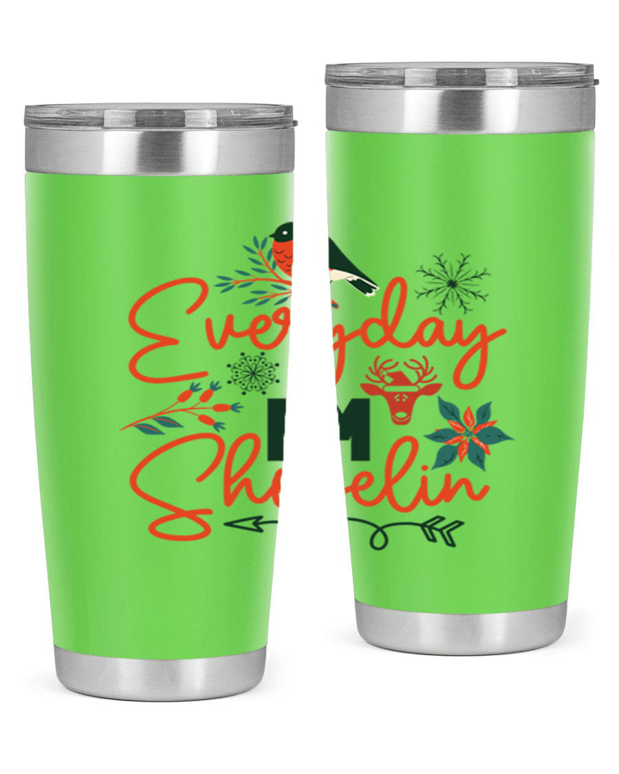 Everyday Im Shovelin 103# winter tumbler in stainless steel with a drink-thru lid, showcasing its sleek design and vibrant print.