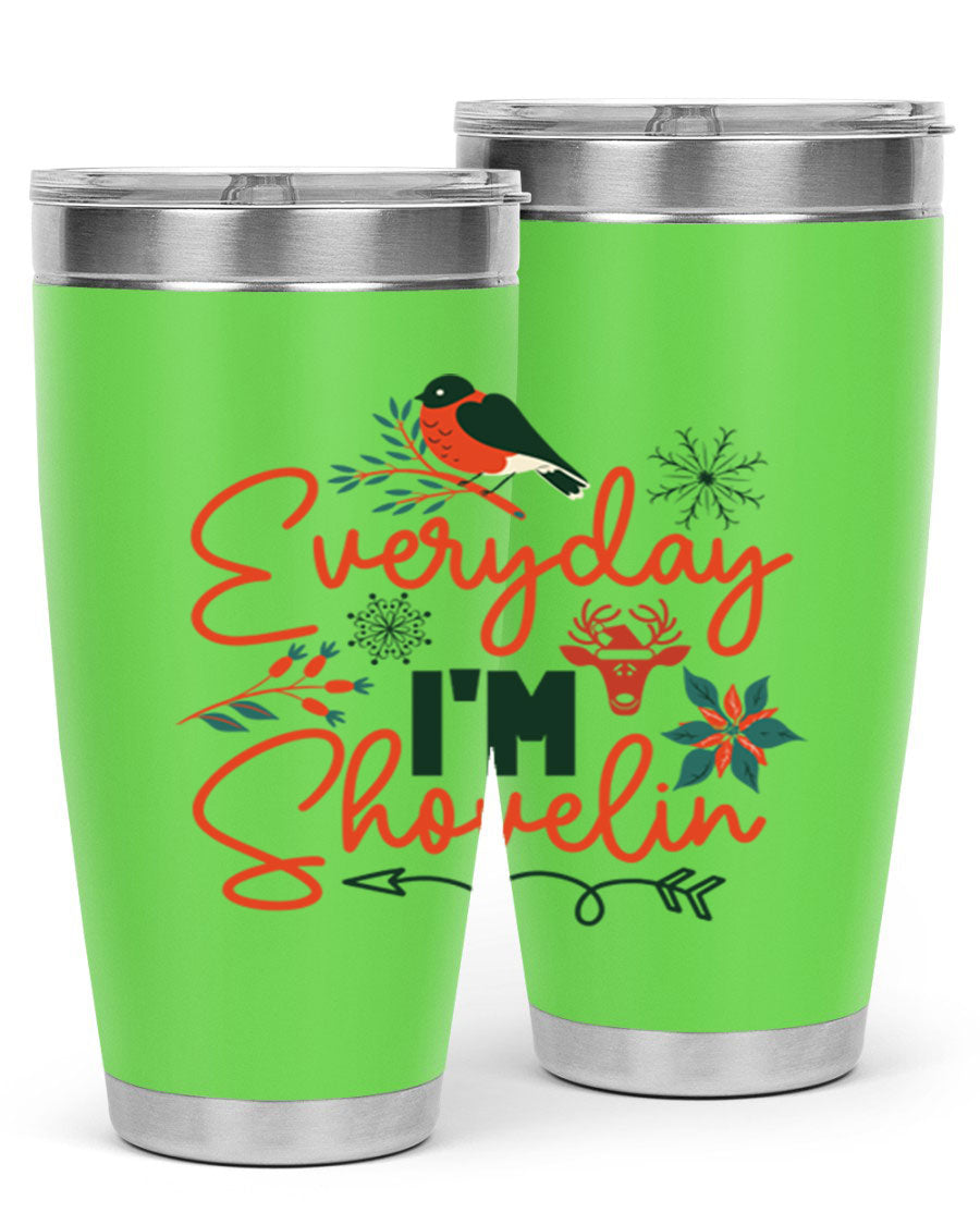 Everyday Im Shovelin 103# winter tumbler in stainless steel with a drink-thru lid, showcasing its sleek design and vibrant print.