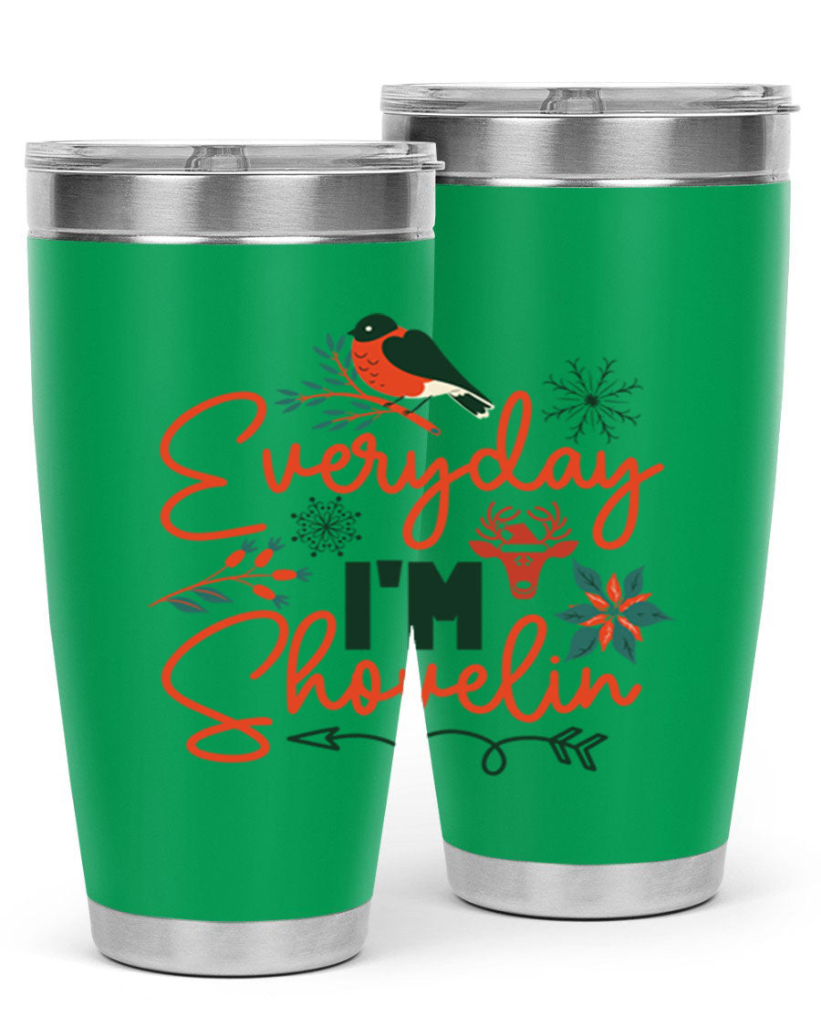 Everyday Im Shovelin 103# winter tumbler in stainless steel with a drink-thru lid, showcasing its sleek design and vibrant print.