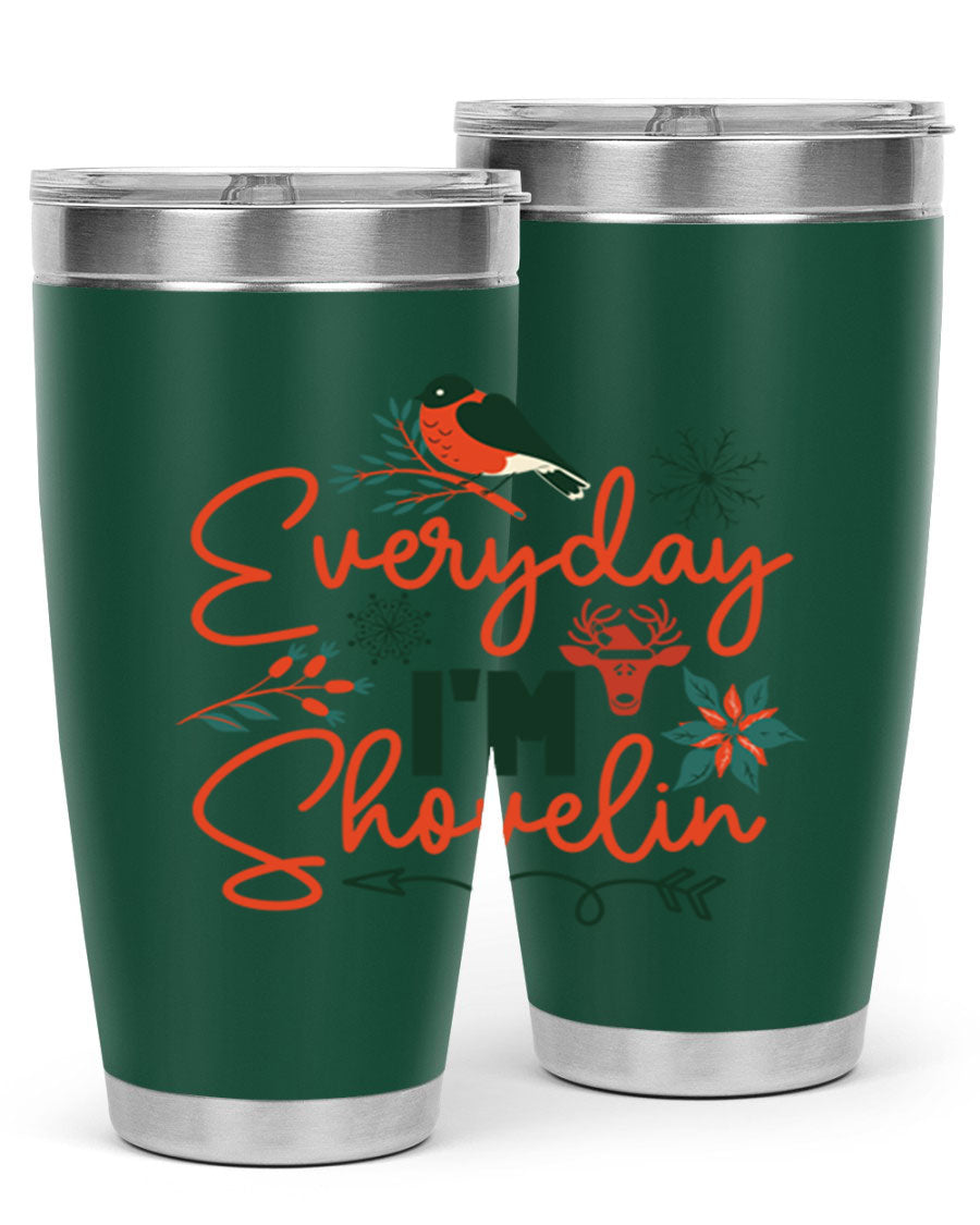 Everyday Im Shovelin 103# winter tumbler in stainless steel with a drink-thru lid, showcasing its sleek design and vibrant print.