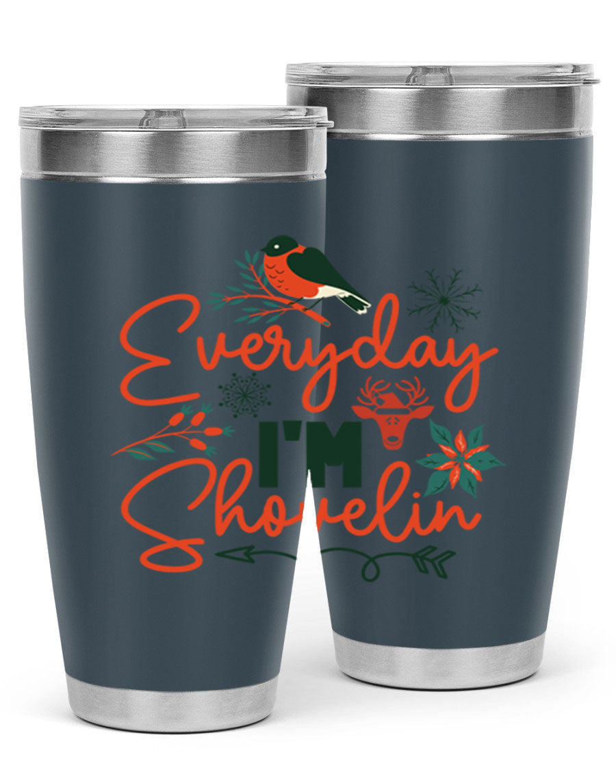 Everyday Im Shovelin 103# winter tumbler in stainless steel with a drink-thru lid, showcasing its sleek design and vibrant print.