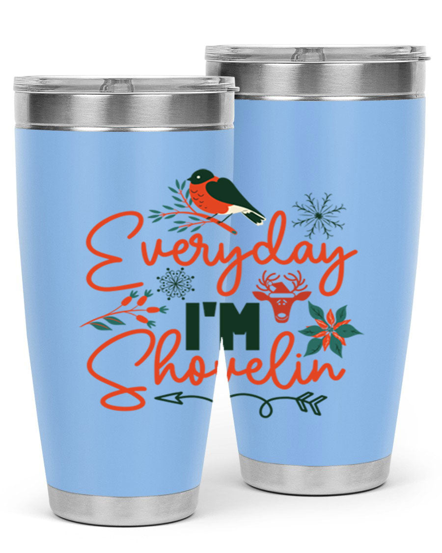 Everyday Im Shovelin 103# winter tumbler in stainless steel with a drink-thru lid, showcasing its sleek design and vibrant print.