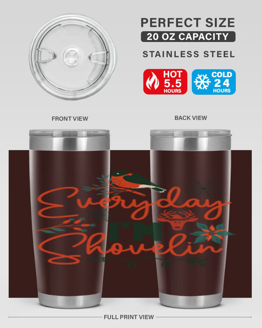 Everyday Im Shovelin 103# winter tumbler in stainless steel with a drink-thru lid, showcasing its sleek design and vibrant print.