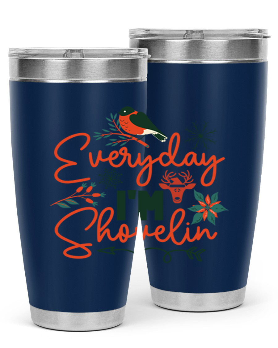 Everyday Im Shovelin 103# winter tumbler in stainless steel with a drink-thru lid, showcasing its sleek design and vibrant print.