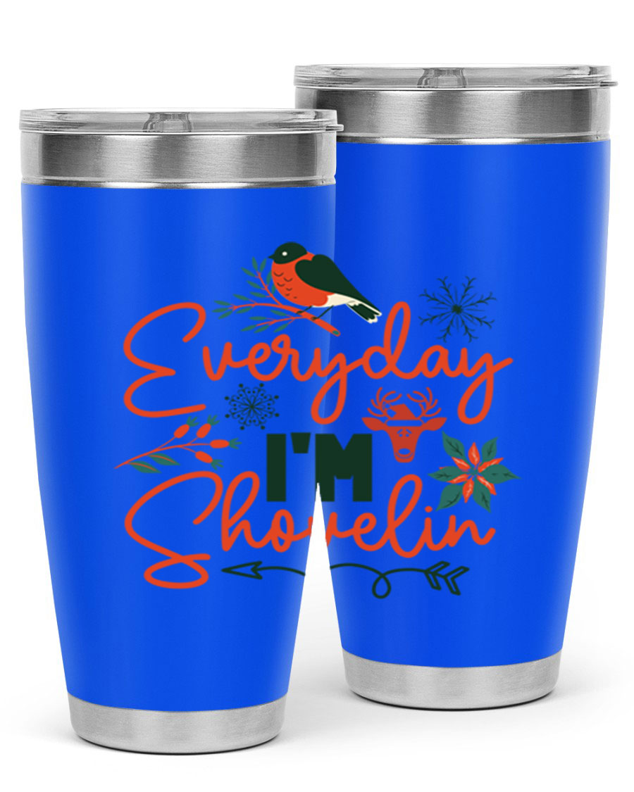 Everyday Im Shovelin 103# winter tumbler in stainless steel with a drink-thru lid, showcasing its sleek design and vibrant print.