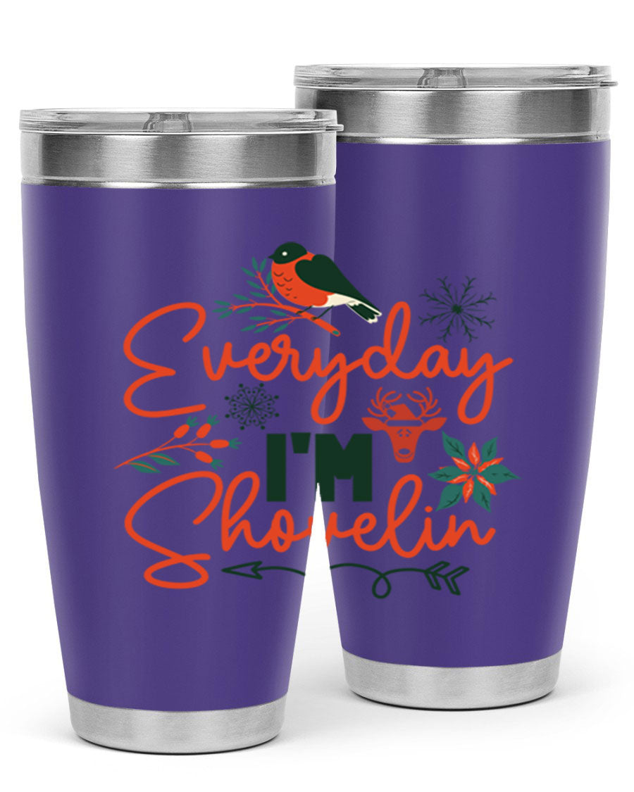 Everyday Im Shovelin 103# winter tumbler in stainless steel with a drink-thru lid, showcasing its sleek design and vibrant print.