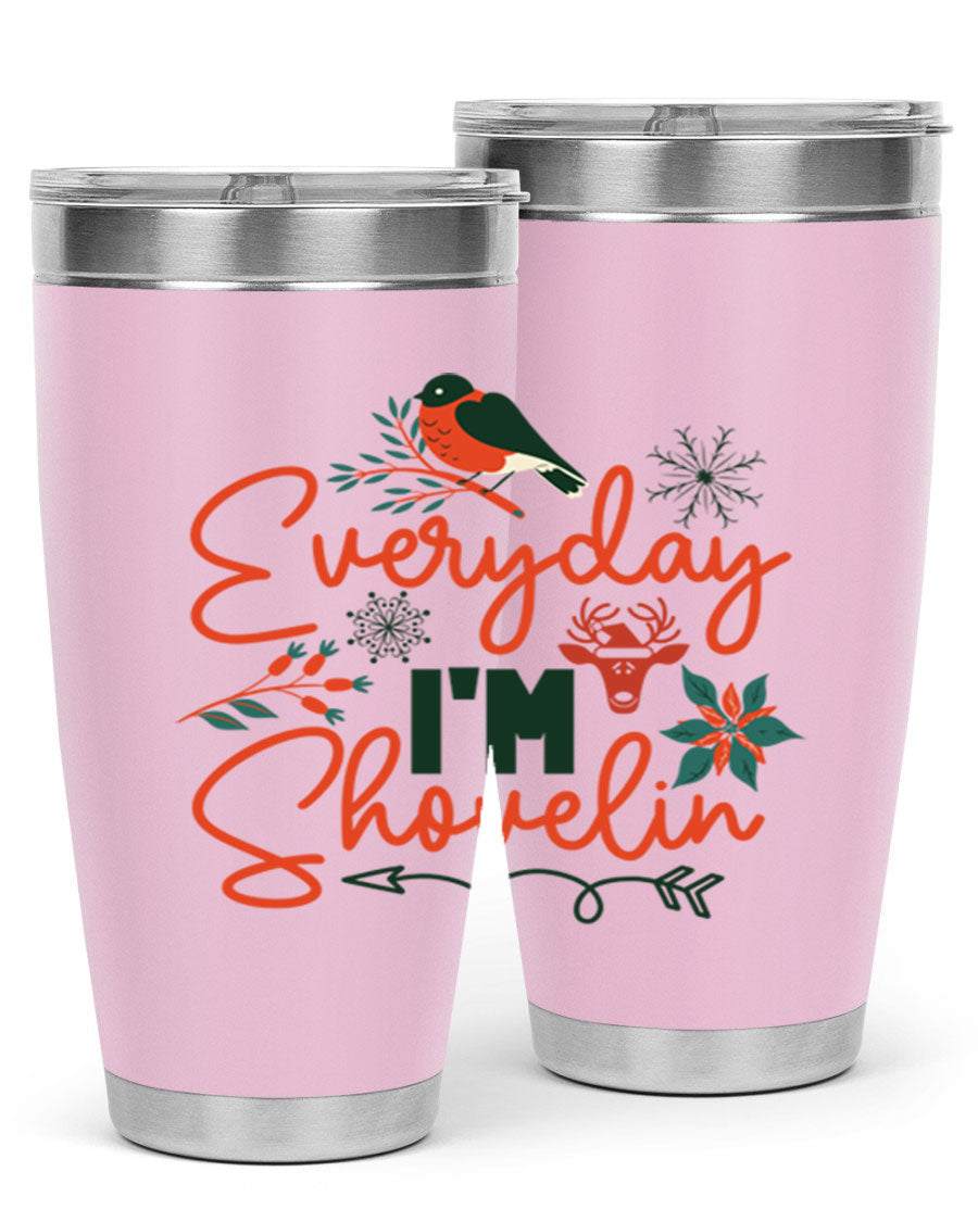 Everyday Im Shovelin 103# winter tumbler in stainless steel with a drink-thru lid, showcasing its sleek design and vibrant print.