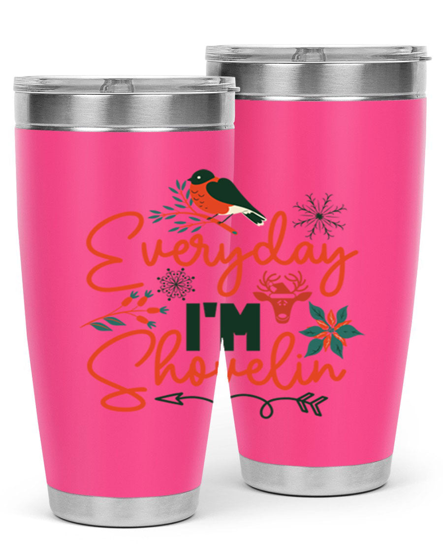 Everyday Im Shovelin 103# winter tumbler in stainless steel with a drink-thru lid, showcasing its sleek design and vibrant print.