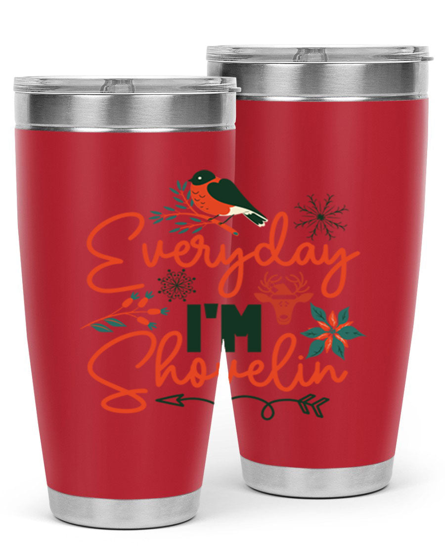 Everyday Im Shovelin 103# winter tumbler in stainless steel with a drink-thru lid, showcasing its sleek design and vibrant print.