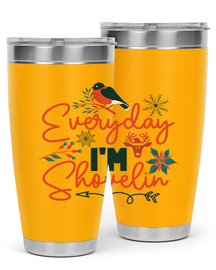 Everyday Im Shovelin 103# winter tumbler in stainless steel with a drink-thru lid, showcasing its sleek design and vibrant print.