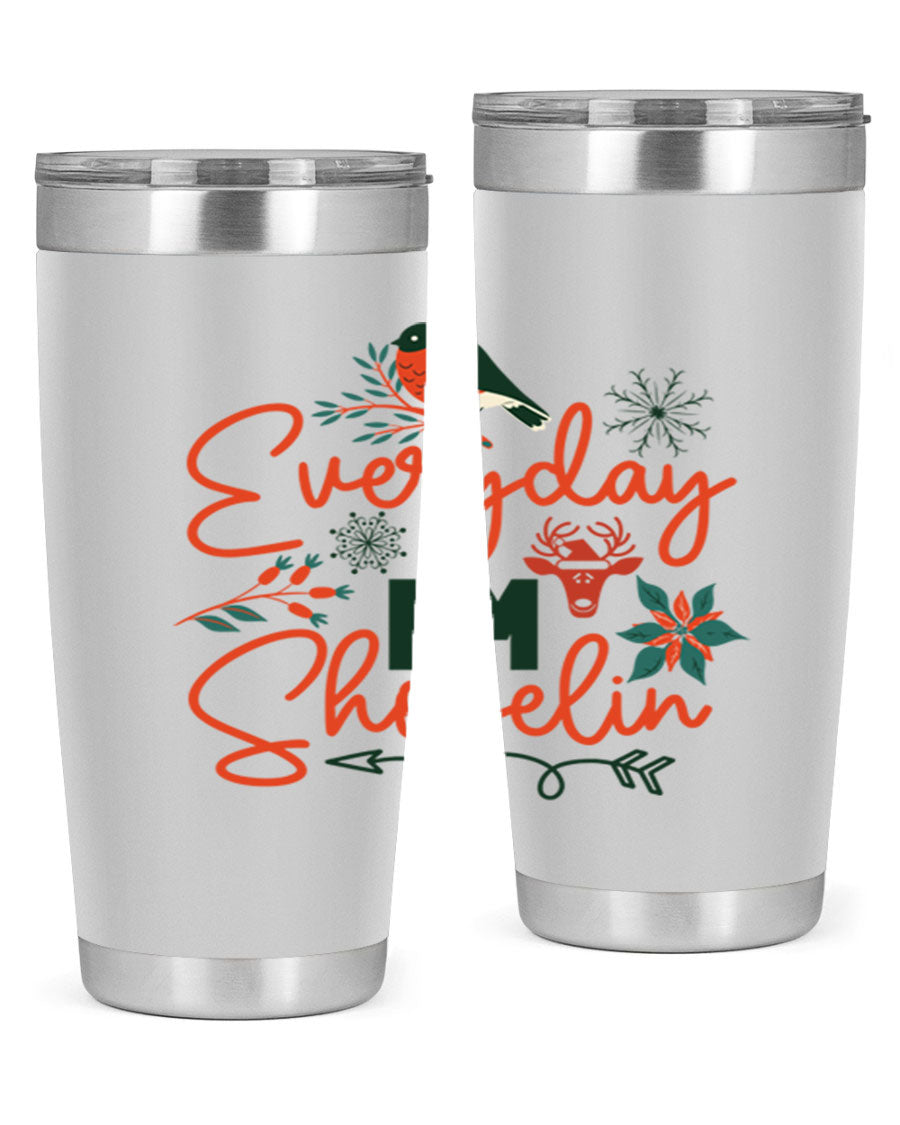 Everyday Im Shovelin 103# winter tumbler in stainless steel with a drink-thru lid, showcasing its sleek design and vibrant print.