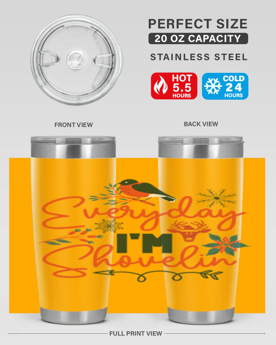 Everyday Im Shovelin 103# winter tumbler in stainless steel with a drink-thru lid, showcasing its sleek design and vibrant print.