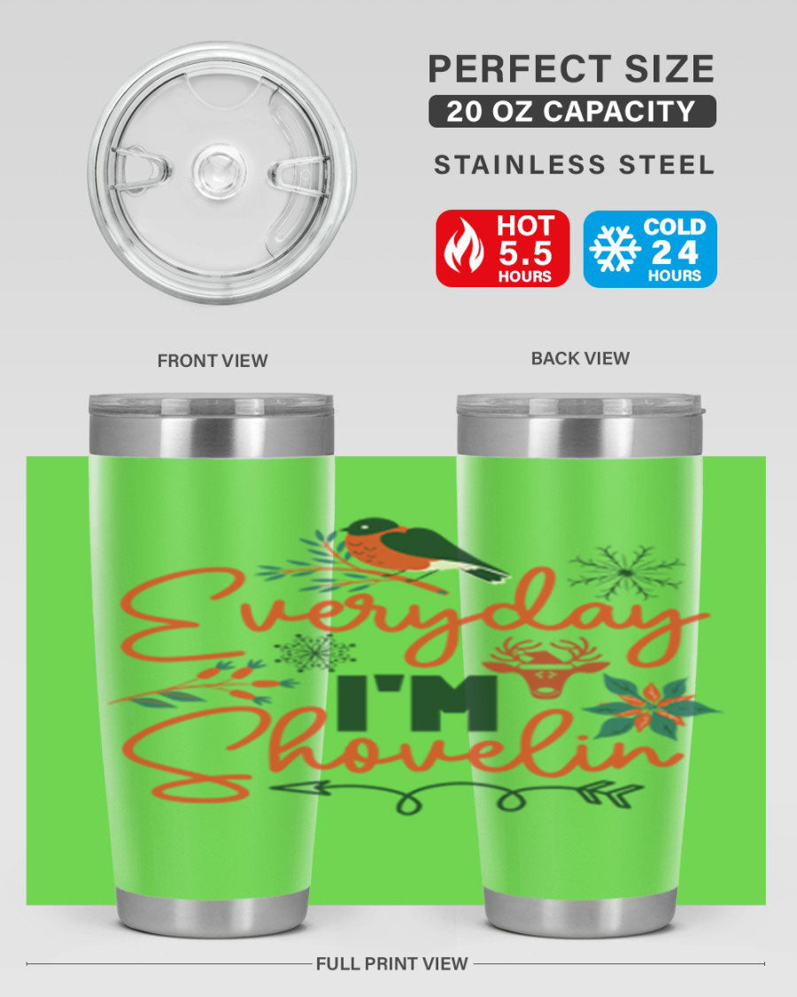 Everyday Im Shovelin 103# winter tumbler in stainless steel with a drink-thru lid, showcasing its sleek design and vibrant print.