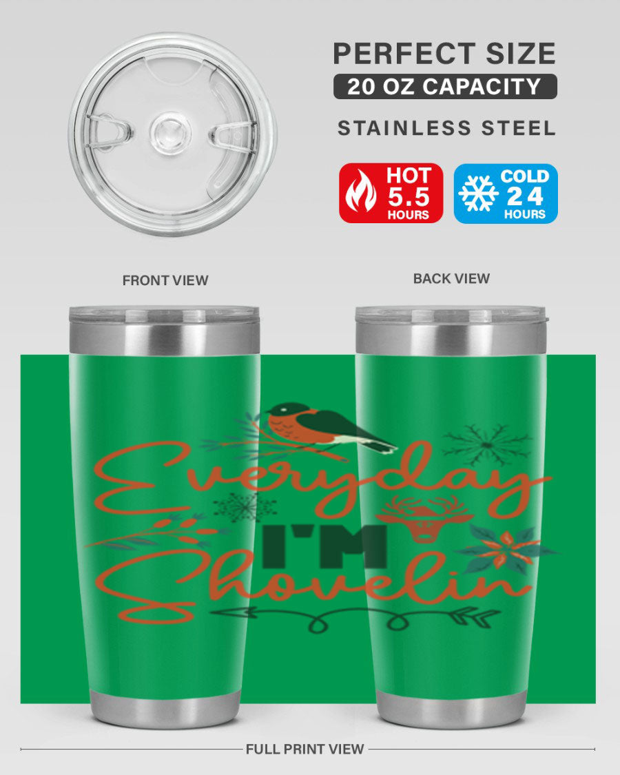 Everyday Im Shovelin 103# winter tumbler in stainless steel with a drink-thru lid, showcasing its sleek design and vibrant print.