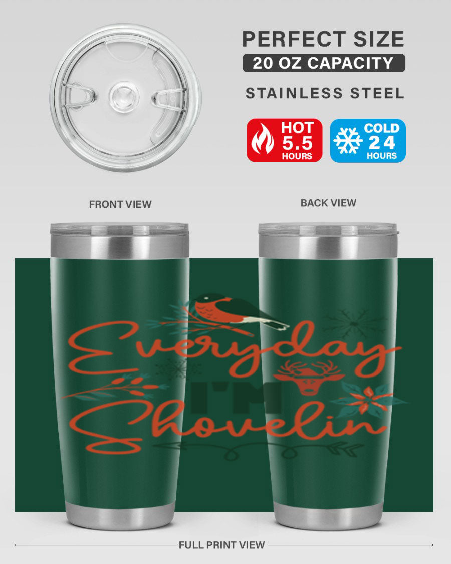 Everyday Im Shovelin 103# winter tumbler in stainless steel with a drink-thru lid, showcasing its sleek design and vibrant print.
