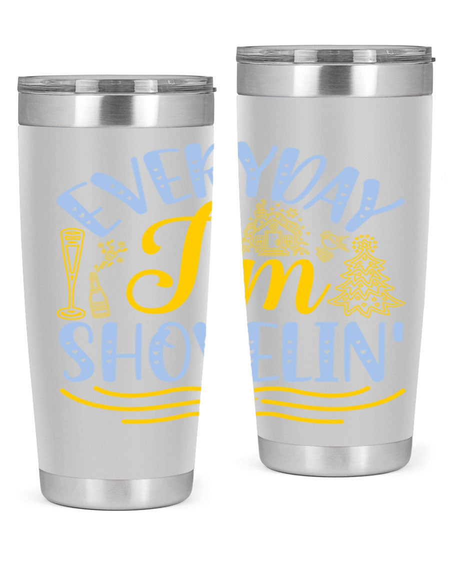 Everyday I'm Shovelin102# winter tumbler in stainless steel with a drink-thru lid, showcasing its sleek design and vibrant print.