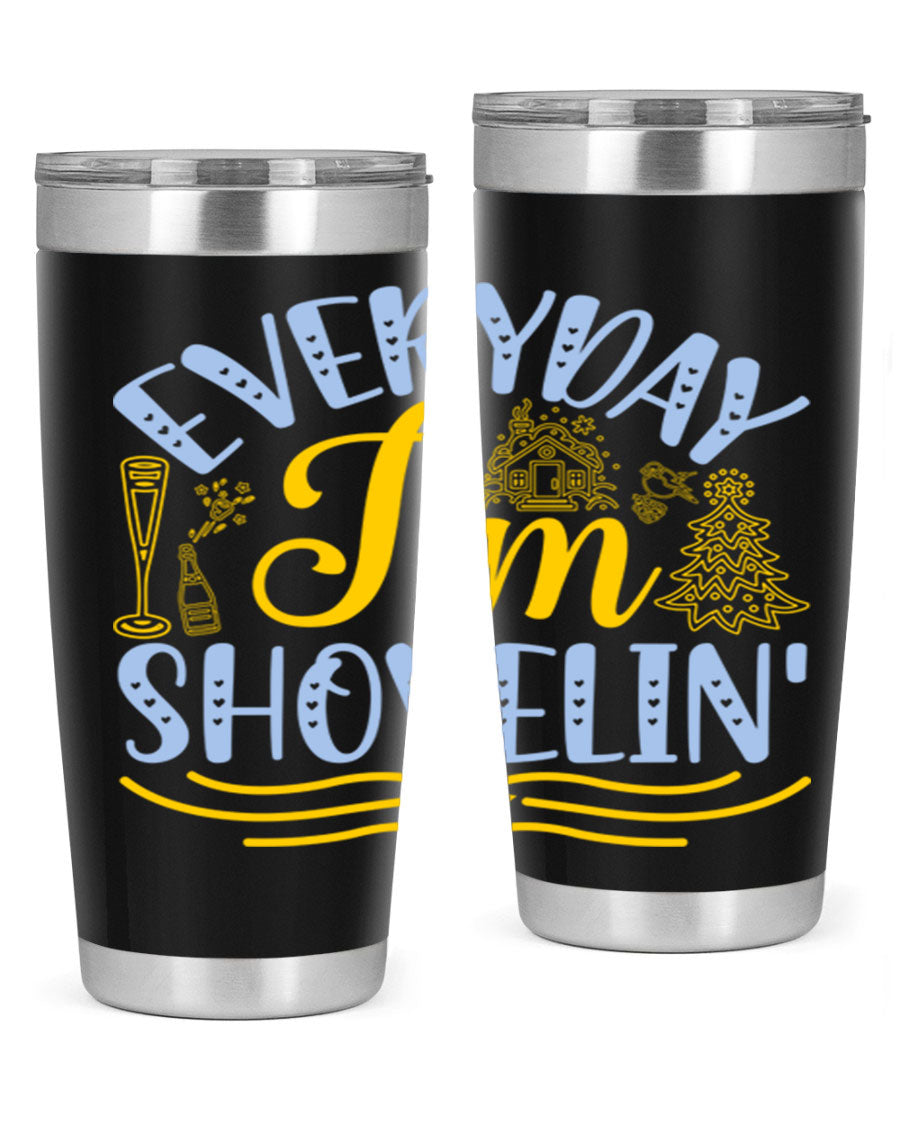 Everyday I'm Shovelin102# winter tumbler in stainless steel with a drink-thru lid, showcasing its sleek design and vibrant print.