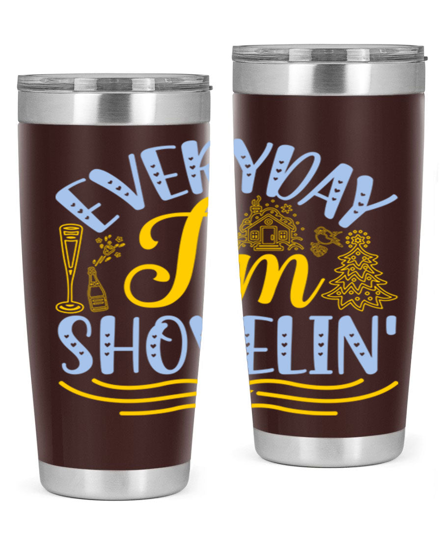 Everyday I'm Shovelin102# winter tumbler in stainless steel with a drink-thru lid, showcasing its sleek design and vibrant print.