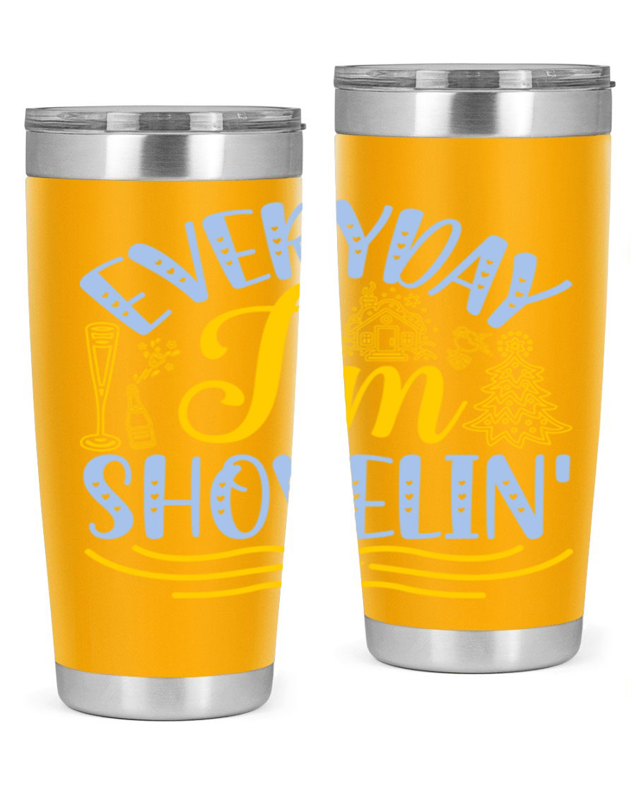 Everyday I'm Shovelin102# winter tumbler in stainless steel with a drink-thru lid, showcasing its sleek design and vibrant print.