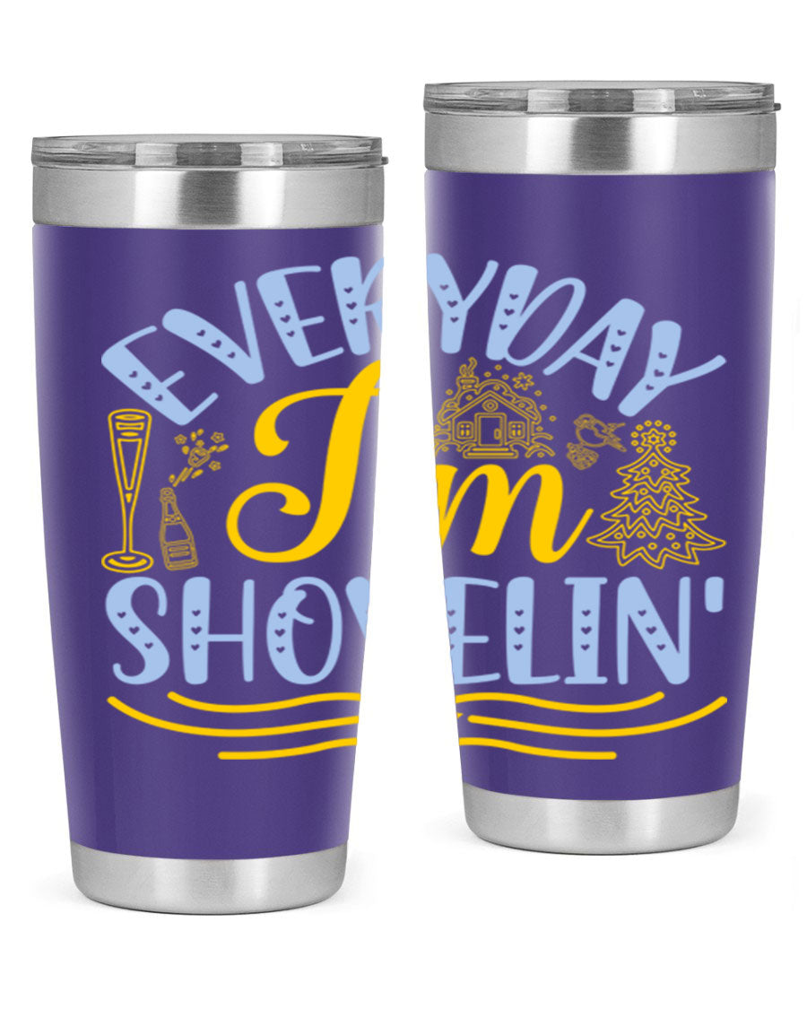 Everyday I'm Shovelin102# winter tumbler in stainless steel with a drink-thru lid, showcasing its sleek design and vibrant print.