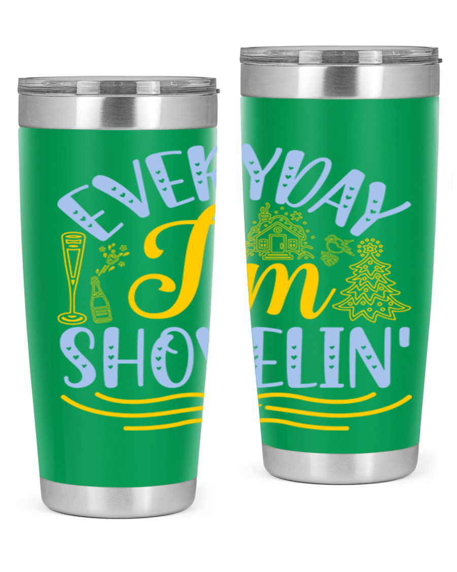 Everyday I'm Shovelin102# winter tumbler in stainless steel with a drink-thru lid, showcasing its sleek design and vibrant print.