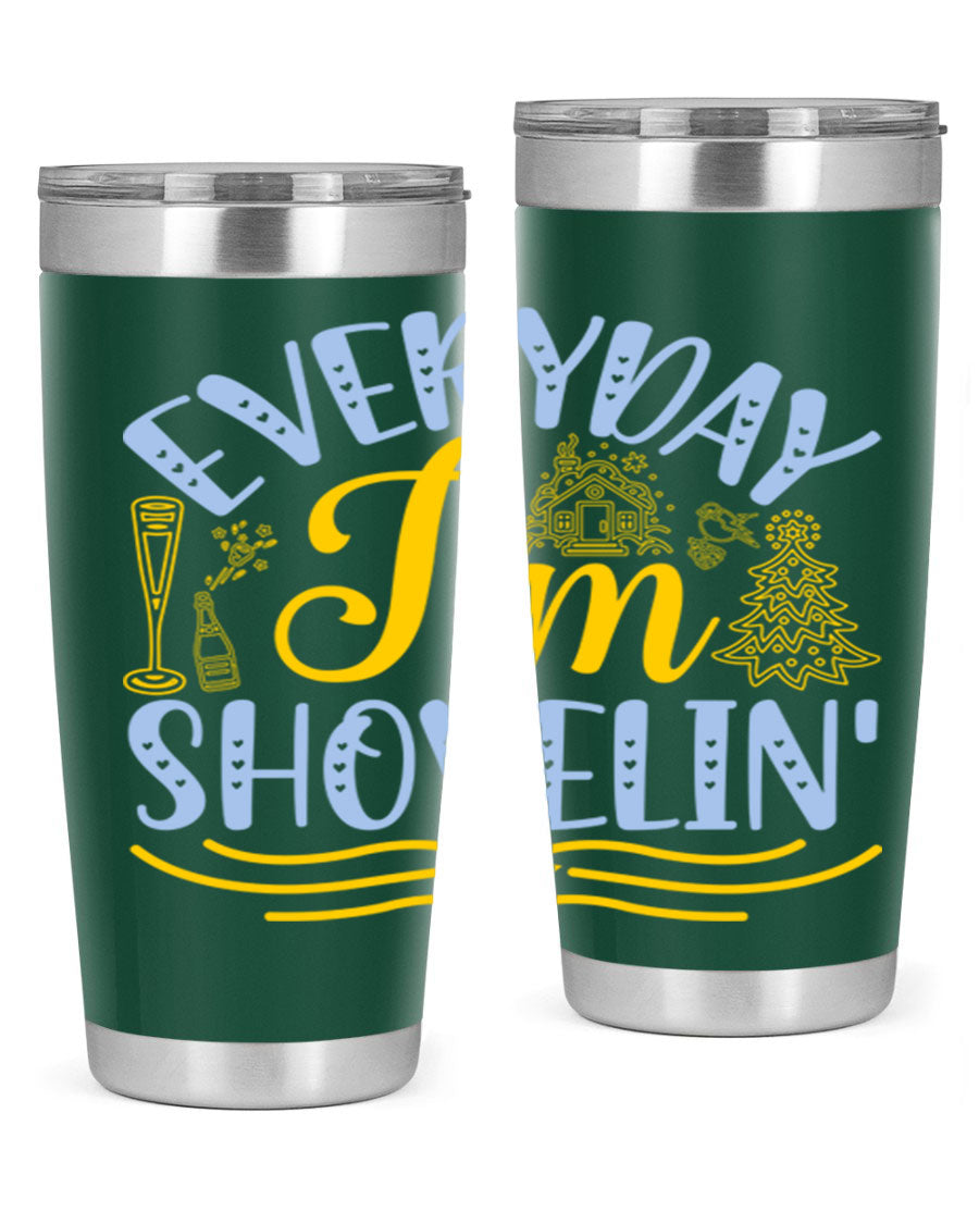 Everyday I'm Shovelin102# winter tumbler in stainless steel with a drink-thru lid, showcasing its sleek design and vibrant print.
